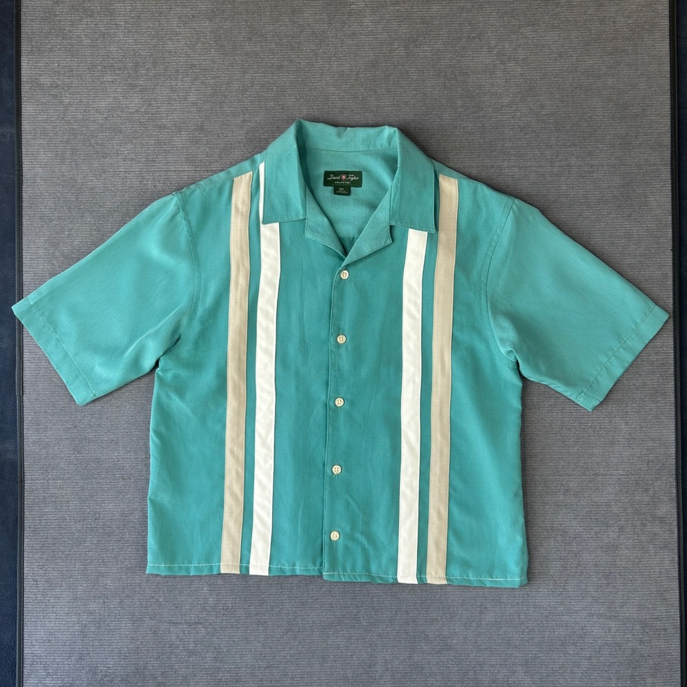 David Taylor Collection Teal Green Striped Camp Collar Retro Bowling Shirt S